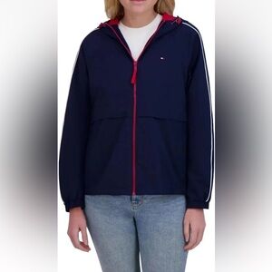 Tommy Hilfiger Women’s Windbreaker Jacket, Lightweight Hooded Blue XL